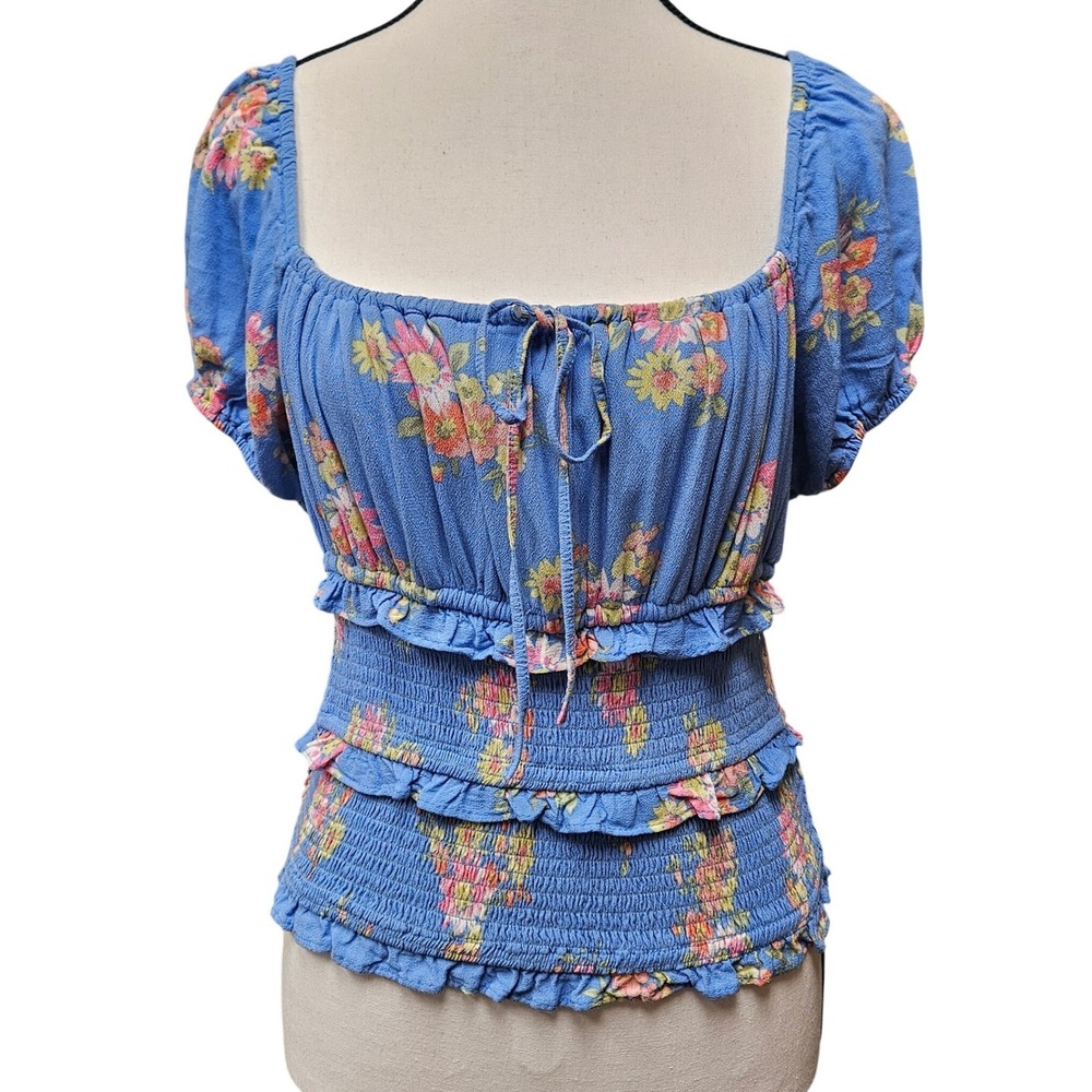SO Floral Smocked Top Large Blue Puff Sleeve Cottagecore Boho Peasant Top